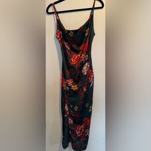 PrettyLittleThing Dark Green Slip Midi Dress with Red Floral Print